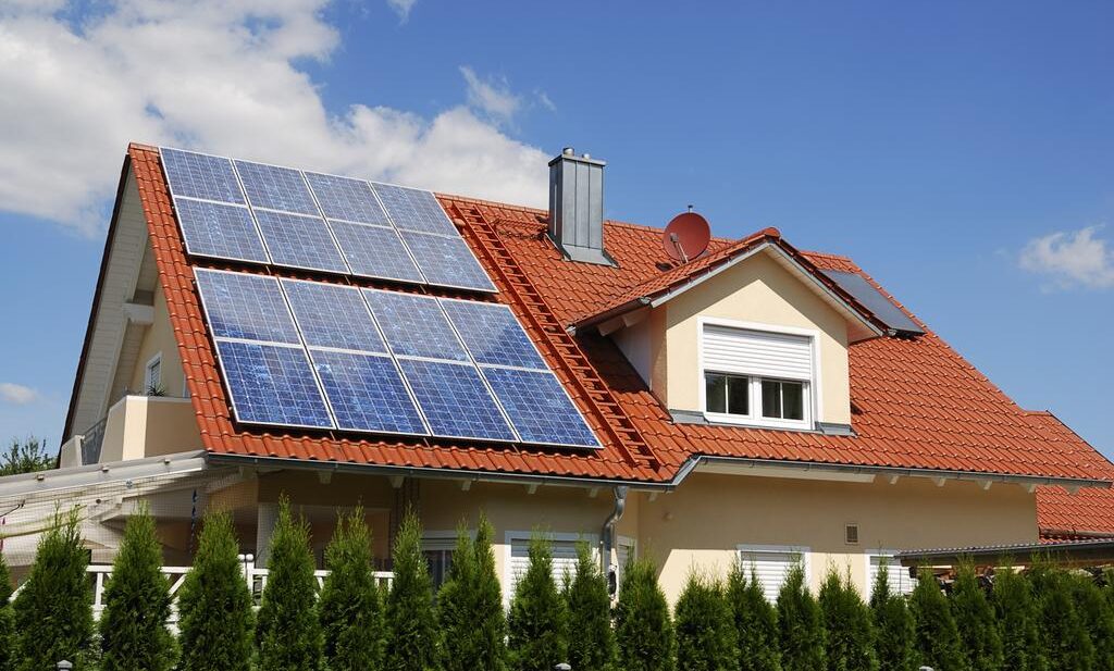 Solar panels on a house roof