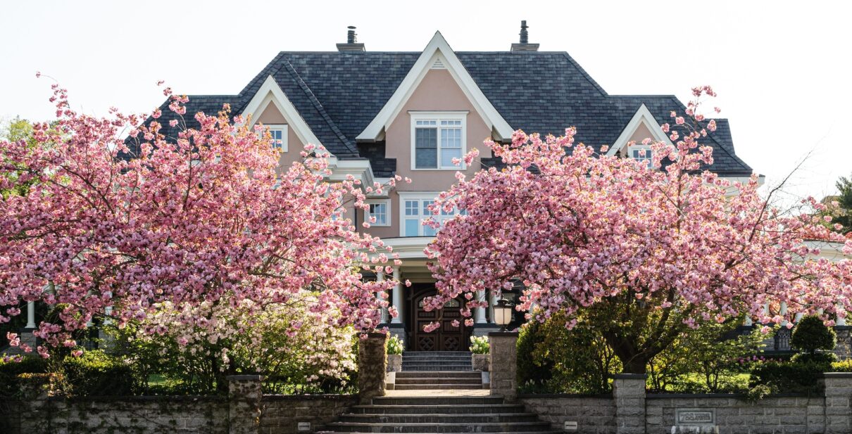 home with cherry blossoms
